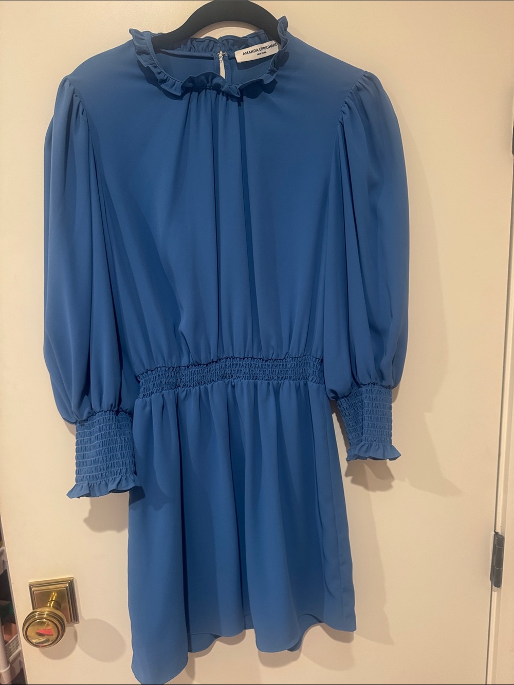 Amanda Uprichard Royal Blue Smocked-Waist Long Sleeve Dress
